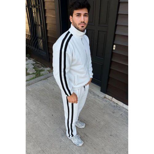 Erkek Çift Şeritli Eşofman Takım Dik Yaka Fermuarlı Sweatshirt Boru Paça Alt, Oversize 3 Iplik Pamuklu - Beyaz