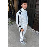 Erkek Çift Şeritli Eşofman Takım Dik Yaka Fermuarlı Sweatshirt Boru Paça Alt, Oversize 3 Iplik Pamuklu - Beyaz