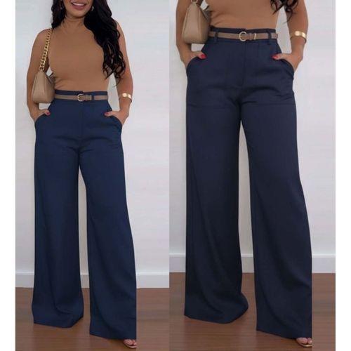 Kadın Yüksek Bel Geniş Paça Detaylı Cepli Ithal Krep Pantolon