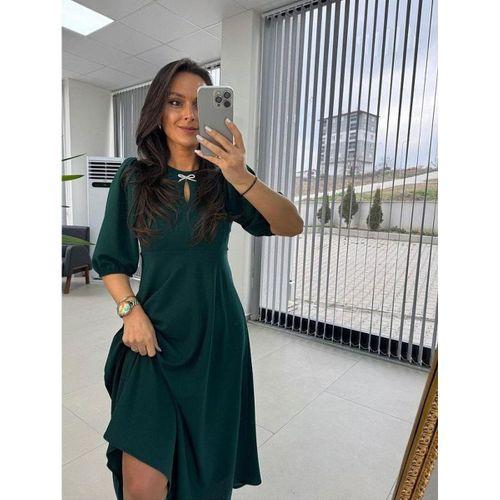Kadın Kısa Kollu Bisiklet Yaka Fiyonk Broşlu Midi Janjan Krep Elbise