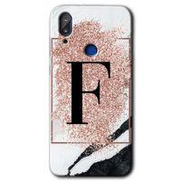 MRCİLETİSİM Vestel E5 Kılıf HD Desen Baskılı Arka Kapak+Temperli Cam - Pembe Mermer Desenli F Harfi