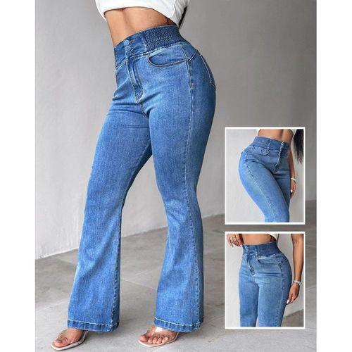 Kadın Yüksek Bel Yanları Lastik önü Düğmeli Kot Pantolon