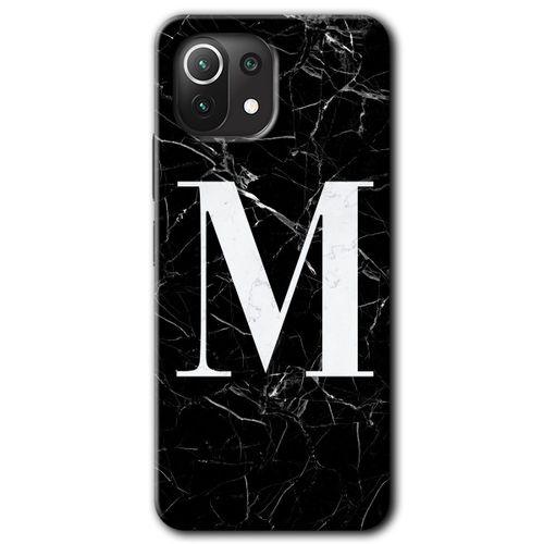 MRCİLETİSİM Xiaomi Mi 11 Lite Kılıf Baskılı Kapak - Siyah Mermer Desenli M Harfi + 5D Tam Kaplayan Cam