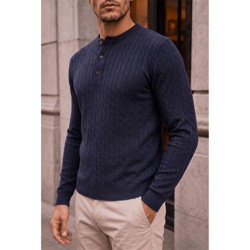 Bergamo %100 Akrilik Henley Yaka Saç Örgülü İnce Erkek Triko Kazak - İndigo
