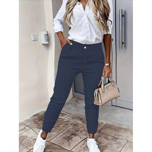 Kadın Yüksek Bel önden Düğmeli Cepli Bilek Lastik Detay Atlas Pantolon