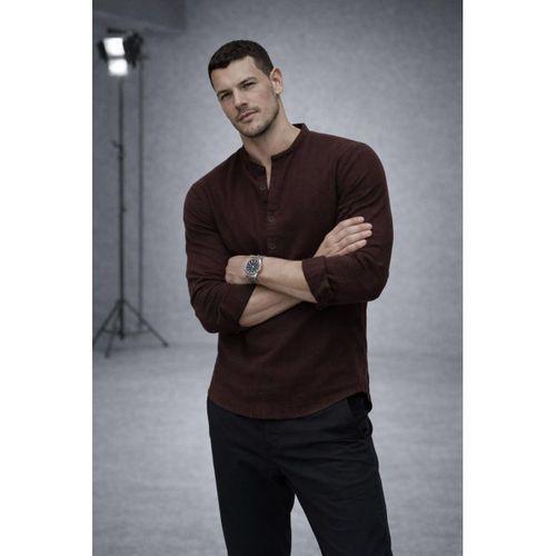Hafif ve Nefes Alabilir Erkek Müslin Yarım Pat Hakim Yaka Oversize Gömlek - Kahve