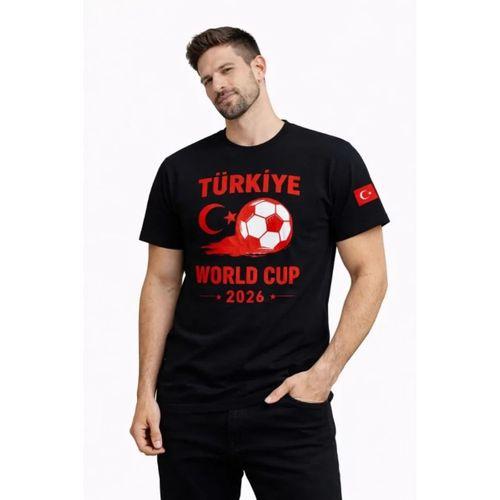 Erkek Türkiye World Cup 2026 Baskılı Tişört Futbol Temalı Forma T-Shirt - Siyah