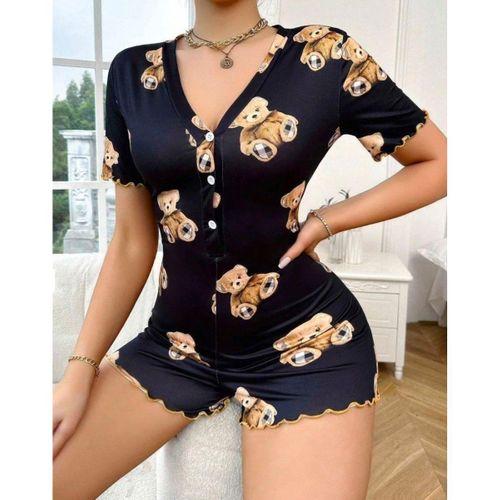 Pamuklu Siyah Ayıcık Desenli Düğmeli Tulum Pijama