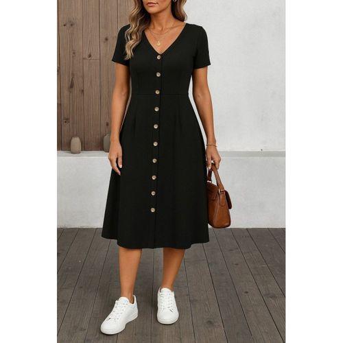 Kadın Kısa Kollu V Yakalı önden Düğmeli A Kesim Dokuma Elbise