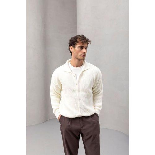 Oversize Selanik Örgü Düğmeli Erkek Hırka- Ekru