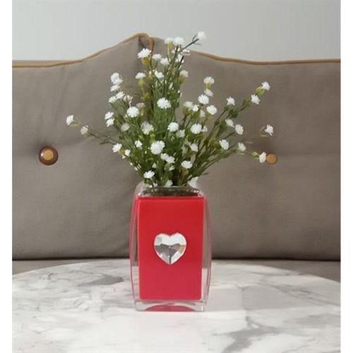 2 Adet Vazo Dahil,Vazoda Çiçek,Beyaz Yapay Çiçek,Vazo Dekoratif Kristal Taşlı Kırmızı Kalpli  6X6X16Cm