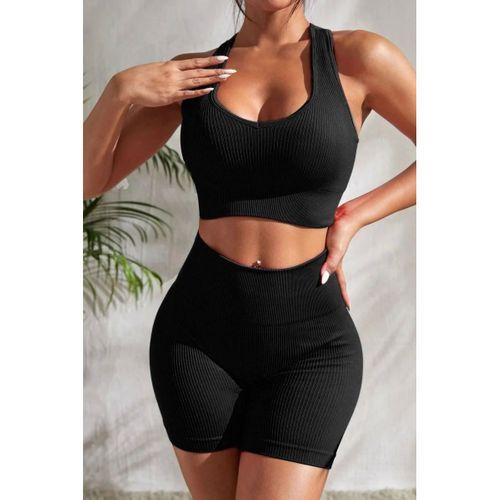 Kadın Siyah Fit Görünümlü Yüksek Bel Spor Crop Top Şort Takımı