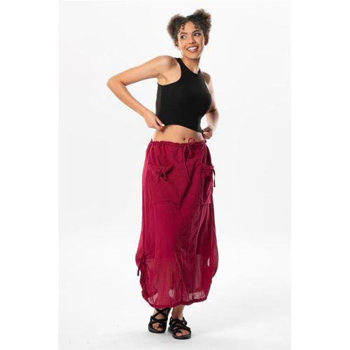 Gökşen Vual Bağlama ve Lastik Detay Midi Boy Yazlık Otantik Etek Bordo Brd