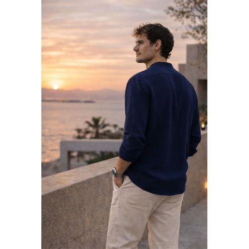 Hafif ve Nefes Alabilir Erkek Müslin Yarım Pat Hakim Yaka Oversize Gömlek - Lacivert