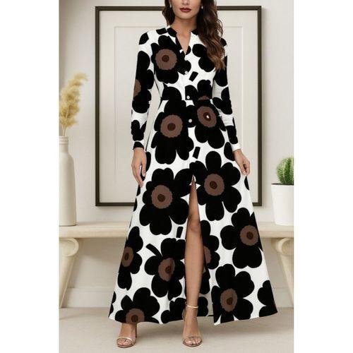 Kadın Yakalı önden Düğmeli çiçek Desenli Uzun Süprem Elbise