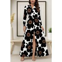 Kadın Yakalı önden Düğmeli çiçek Desenli Uzun Süprem Elbise