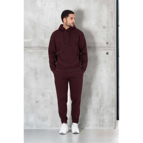 Şardonlu Kanguru Cepli Sweatshirt - 3 İplik Şardonlu Lastik Paça Erkek Eşofman Altı- Eşofman Takımı - Bordo