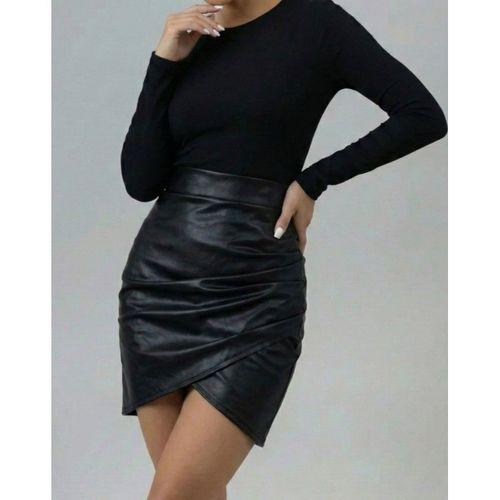 Kadın Yüksek Bel Yandan Fermuarlı Pileli Mini Deri Etek