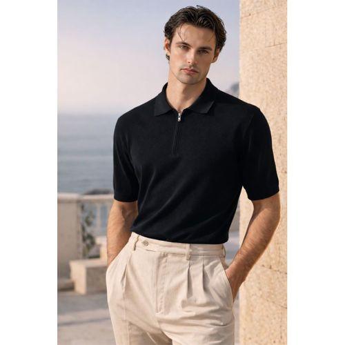 Linus Fermuarlı Polo Yaka Kısa Kollu İnce Triko Erkek T-Shirt - Siyah