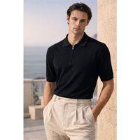Linus Fermuarlı Polo Yaka Kısa Kollu İnce Triko Erkek T-Shirt - Siyah