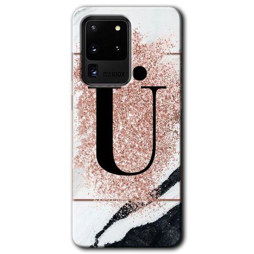 Potkal Hediye Fabrikası Samsung Galaxy S20 Ultra Kılıf HD Desen Baskılı Arka Kapak - Pembe Mermer Desenli Ü Harfi