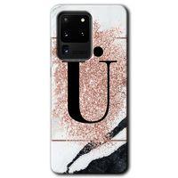 Potkal Hediye Fabrikası Samsung Galaxy S20 Ultra Kılıf HD Desen Baskılı Arka Kapak - Pembe Mermer Desenli Ü Harfi
