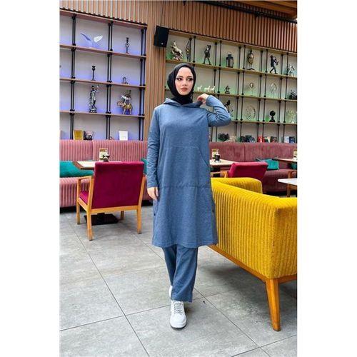 Kapşonlu Yandat Çıtçıtlı Sade Basic Uzun Tunik ve Pantolon İkili Spor Takım - 03071.006 - İndigo