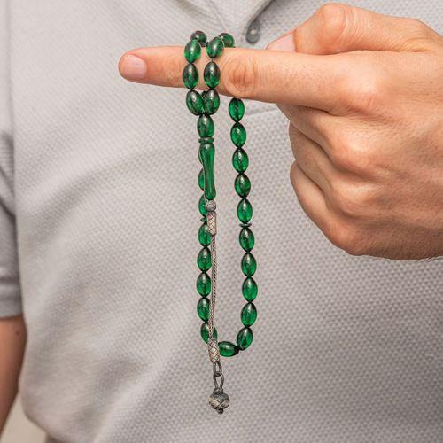 Gümüş Yeşil Kazaz Püsküllü Sıkma Kehribar Tesbih