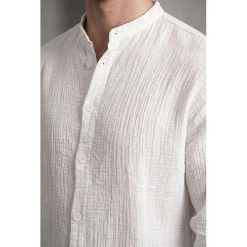 Hafif ve Nefes Alabilir Erkek Müslin Yarım Pat Hakim Yaka Oversize Gömlek - Beyaz