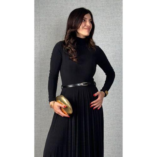 Kadın Uzun Kollu Balıkçı Yaka Kemersiz Pileli Uzun Sandy Elbise