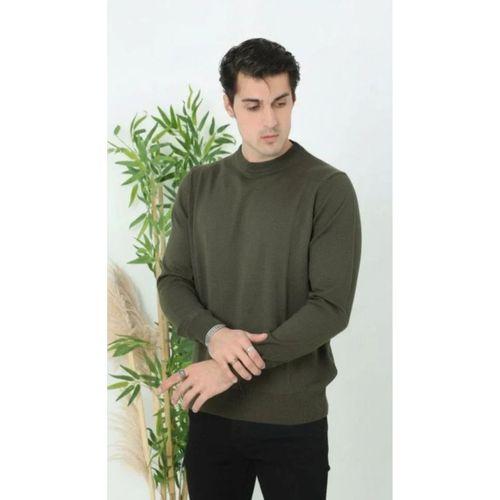 Erkek Bisiklet Yaka Triko Kazak Yumuşak Dokulu Pamuklu Ince Dokuma Uzun Kollu - Haki