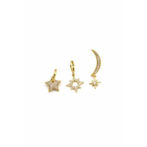 3'lü Taşlı Halka Küpe - Altın