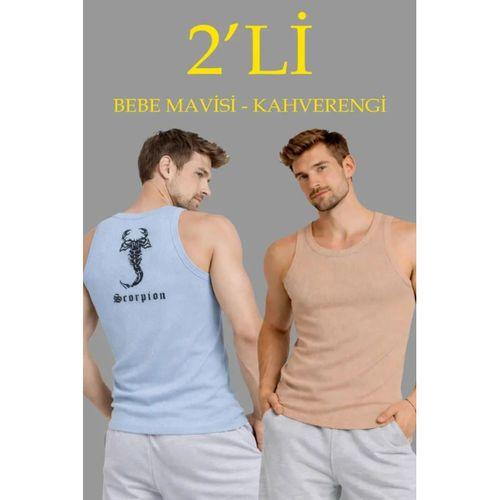 Erkek Spor Fitilli Atlet 2li Set Kahverengi Ve Bebek Mavisi Slim Fit Kaşkorse Arka Baskılı Spor Atlet