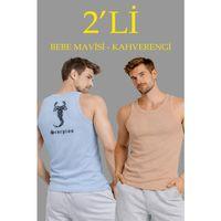 Erkek Spor Fitilli Atlet 2li Set Kahverengi Ve Bebek Mavisi Slim Fit Kaşkorse Arka Baskılı Spor Atlet