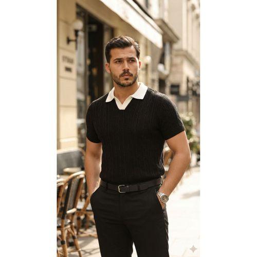 Erkek Desenli Kısa Kollu Triko Tişört - %100 Pamuk Akrilik