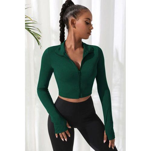 Yeşil Dik Yaka Fermuarlı Uzun Kollu Parmak Geçmeli Crop Top Spor Bluz