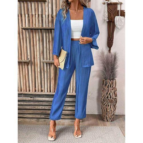 Kadın Uzun Kollu önü Açık Dokuma Ceket Ve Pantolon Ikili Takım