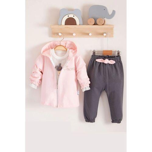 Prences Nakışlı Kapişonlu 3'lü % 100 Pamuk Kız Bebek Takımı