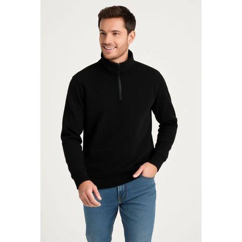 Erkek Dik Yaka Sweatshirt Dik Yaka Yarım Fermuarlı 3 İplik Şardonlu Pamuk Kumaş - Siyah