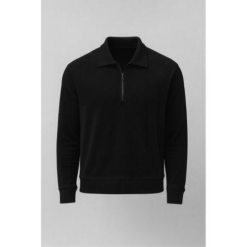 Eric Relax Fit Yarım Fermuarlı Polo Yaka Selanik Kumaş Erkek Sweatshirt - Siyah