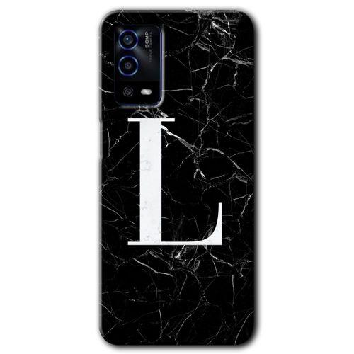 Oppo A55 Kılıf HD Desen Baskılı Arka Kapak + Temperli Cam - Siyah Mermer Desenli L Harfi