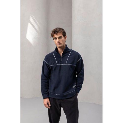 Crowe Çizgi Şeritli Oversize Yarım Fermuar Polar Erkek Sweatshirt - Lacivert