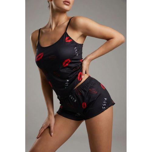 Öpücük Desenli Siyah Askılı Şortlu Kadın Pijama Takımı Brf1358