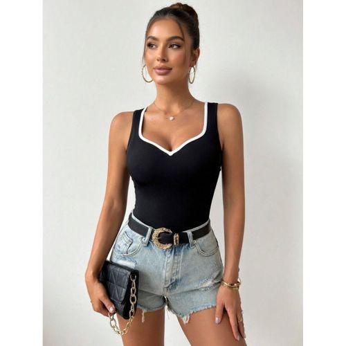 Kadın Siyah Kalp Yaka Beyaz Biyeli Kaşkorse Bluz Atlet