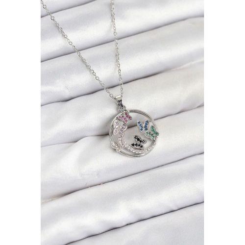 316L Çelik Zincir Gümüş Renk Zirkon Taşlı Kelebekli Kadın Kolye