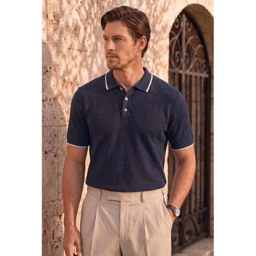 Balzac Yakası Şeritli Düğmeli Polo Yaka Basic Günlük Petek Örgü Triko Erkek T-Shirt - Lacivert