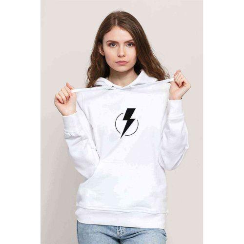 Flash Lightning Baskılı Beyaz Kadın Kapşonlu Sweatshirt