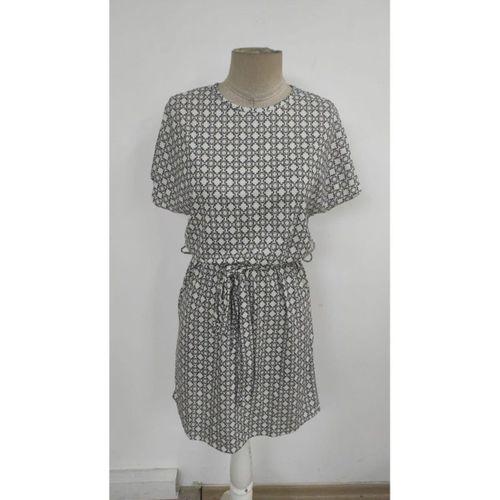 Kadın Kısa Kollu Yuvarlak Yaka Beli Kuşaklı Geometrik Desenli Süprem Elbise