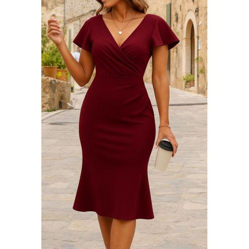 Kadın Kısa Kelebek Kollu Kruvaze Yaka Ithal Krep Midi Elbise