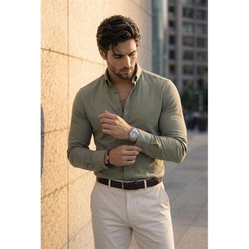Likralı Regular Fit Nefes Alabilir Klasik Erkek Oxford Gömlek - Haki